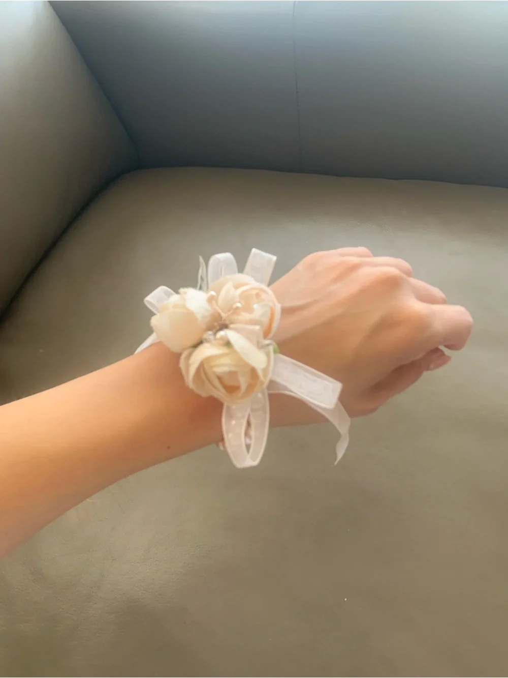 Icing Peach Pearl Floral 🪷 Wrist Bracelet with Ribbon